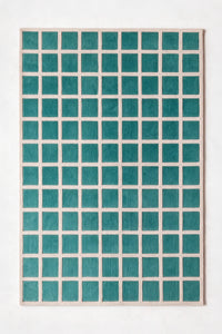 a tile hand-tufted wool rug in oat and teal, shown flat from above