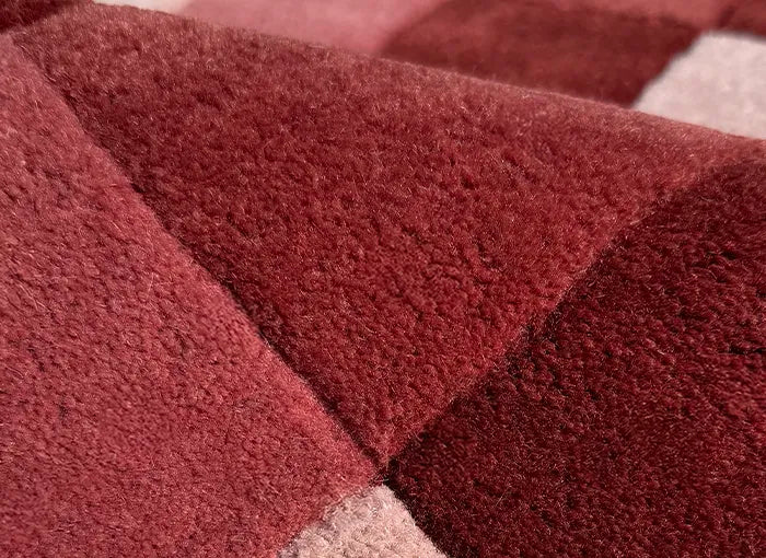 Close-up of a textured red and brown rug with geometric pattern