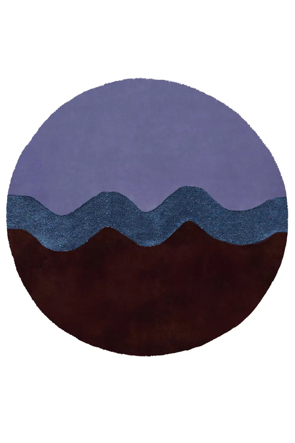 Contemporary 6ft round wool area rug with abstract wave pattern in purple, navy blue, and brown tones