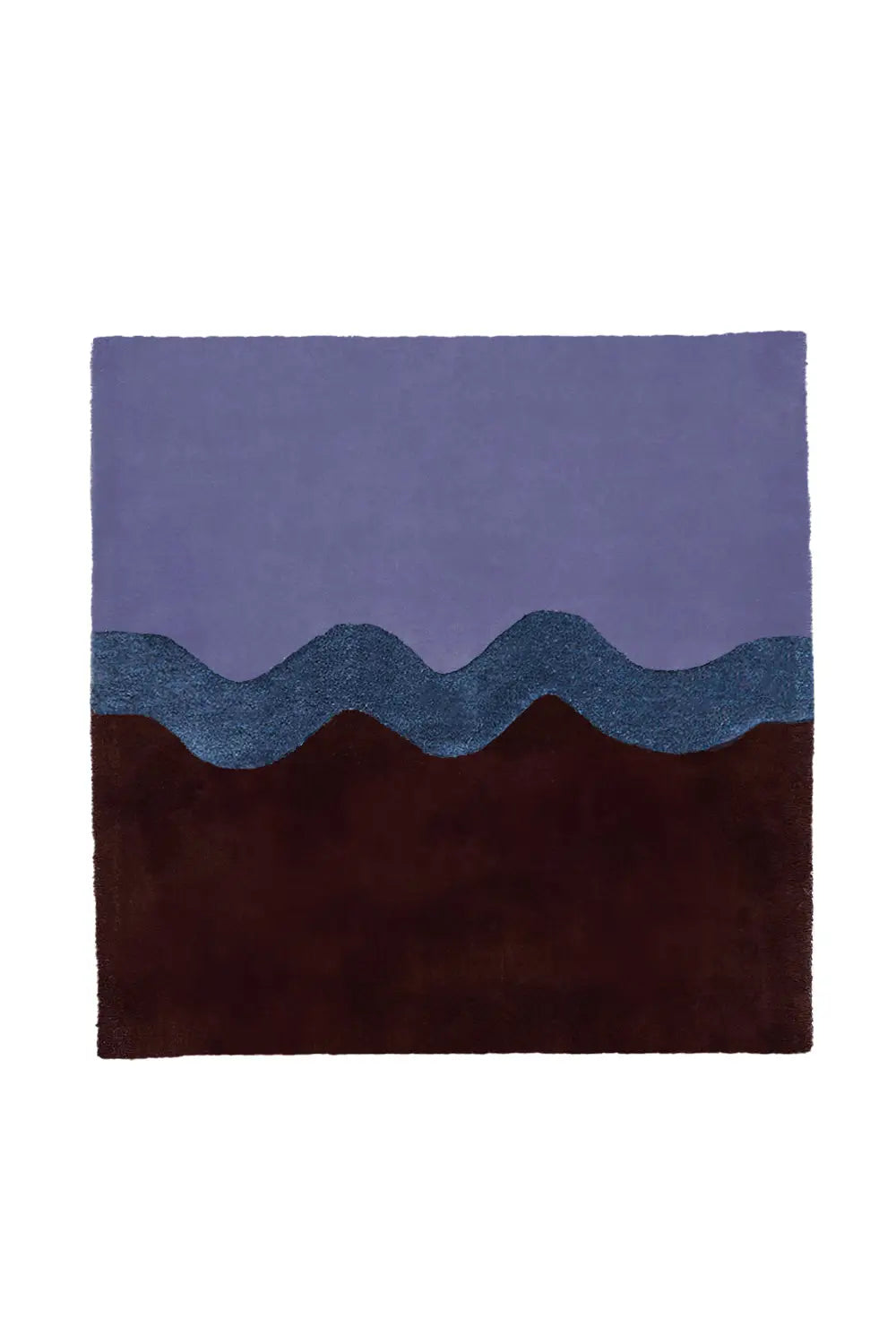 Contemporary square wool rug with purple, navy, and brown sculpted wave pattern in modern design