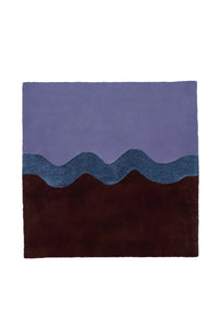 Contemporary square wool rug with purple, navy, and brown sculpted wave pattern in modern design
