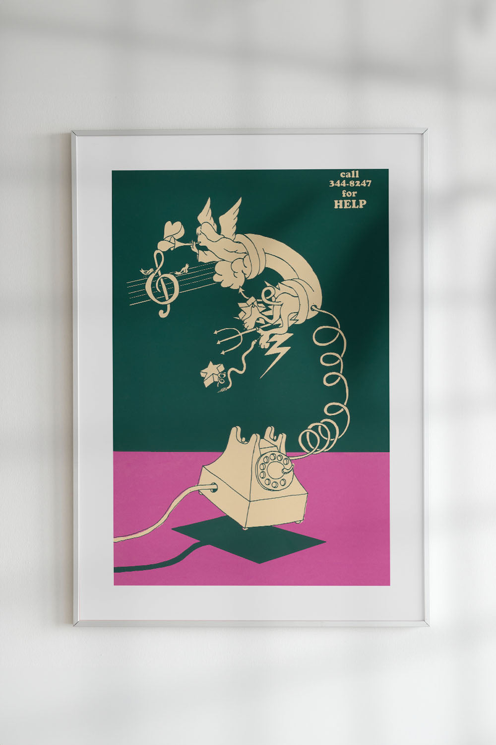 Vintage two-tone art print featuring a tan rotary phone and music note on a deep green and hot pink background.