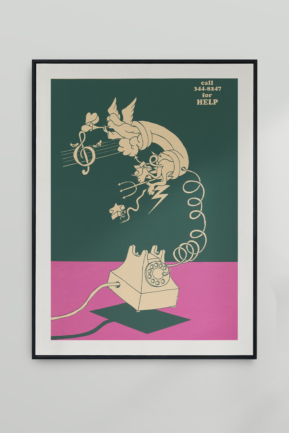 Vintage two-tone art print featuring a tan rotary phone and music note on a deep green and hot pink background.