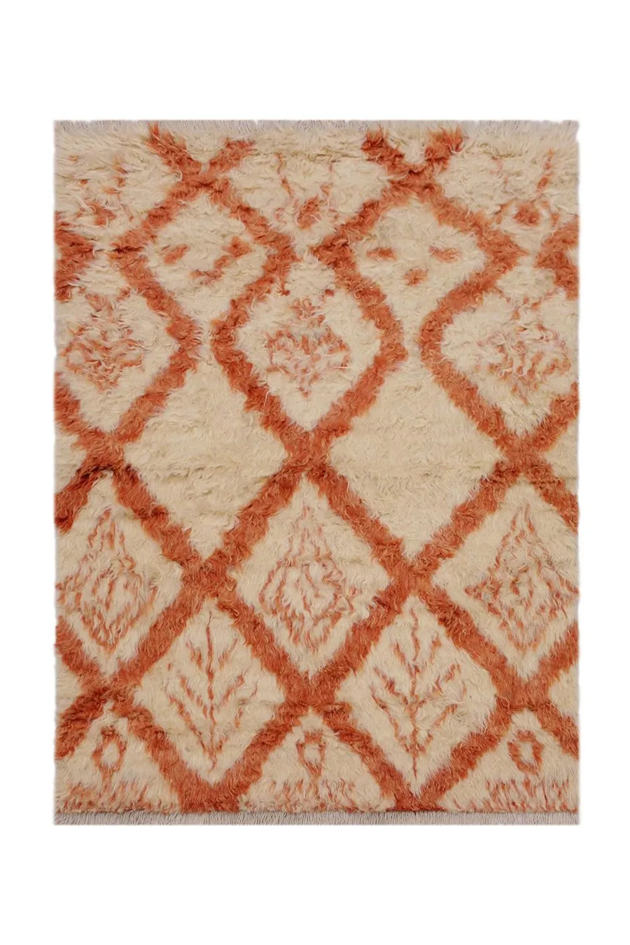 handknotted white shag rug with natural rust geometric design for elegant home decor