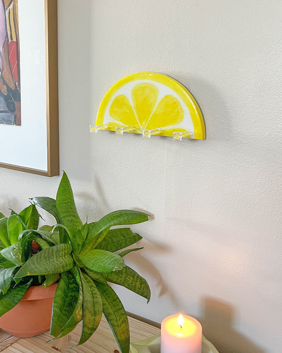 Bright and cheerful lemon slice design key holder, handcrafted for wall-mounted storage in kitchens or entryways