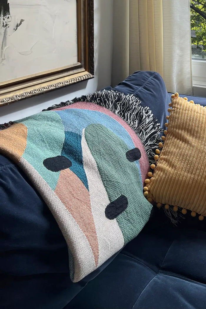 Tropical Paradise Abstract Geometric Cotton Woven Throw Blanket showcasing a vibrant abstract design with tropical colors.