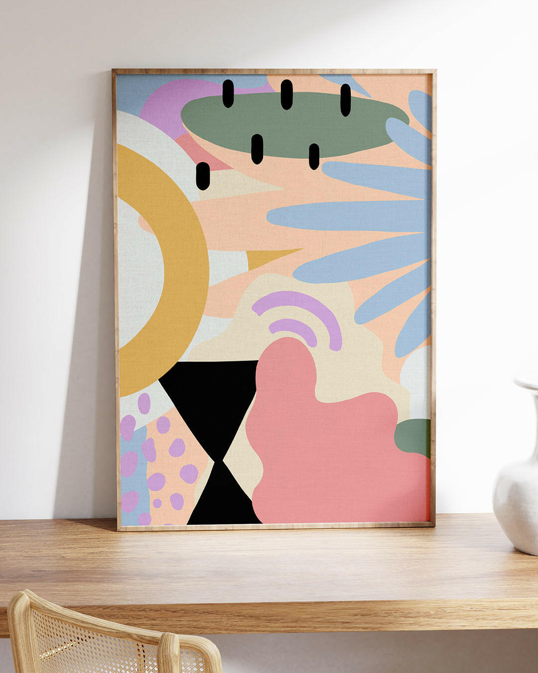 Abstract tropical paradise art print with vibrant colors.