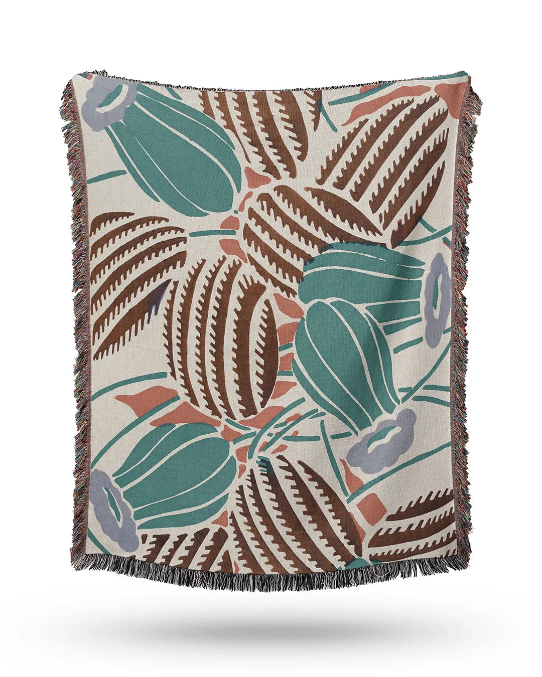 Desert Bloom Cotton Woven Throw Blanket showcasing a unique flowering cactus pattern in cream, brown, teal, purple, and orange