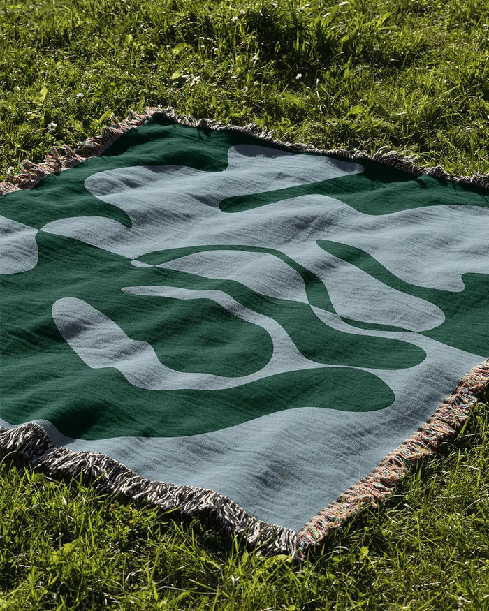 Blue and Green Organic Fusion Cotton Woven Throw Blanket showcasing a two-tone abstract design with organic shapes.